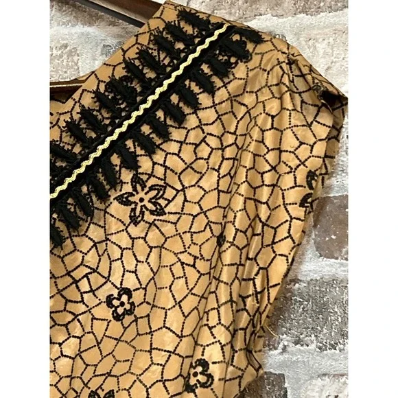 1940/50 Champaign Taffetta Cocktail Dress, Flocked W/ Velvet/Glitter Lace Trim S - Picture 9 of 12